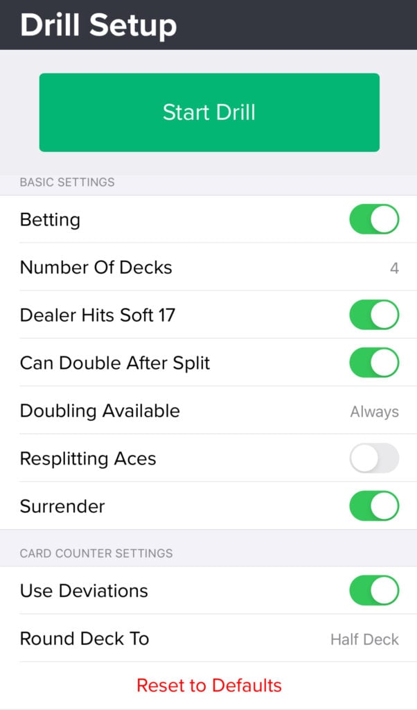 BJA Card Counter Pro App Settings